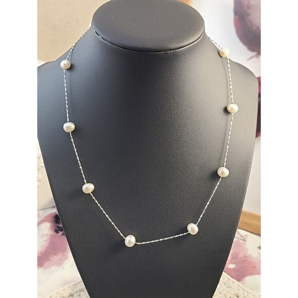 Sterling Silver Floating Pearl Necklace 18" White Freshwater Dainty Elegant Gift - Picture 2 of 6
